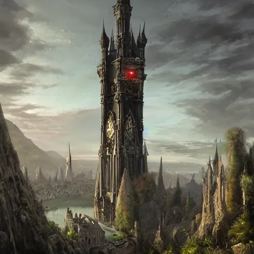 Image similar to a lonely and impossibly tall ominous gothic dark citadel tower of the evil patriarch, battlements, castle wall, portcullis, in a river elevated high above the city, flintlock fantasy capital city, scary gothic architecture, ultrawide lense, aerial photography, unreal engine, exquisite detail, 8 k, art by greg rutkowski and alphonse mucha