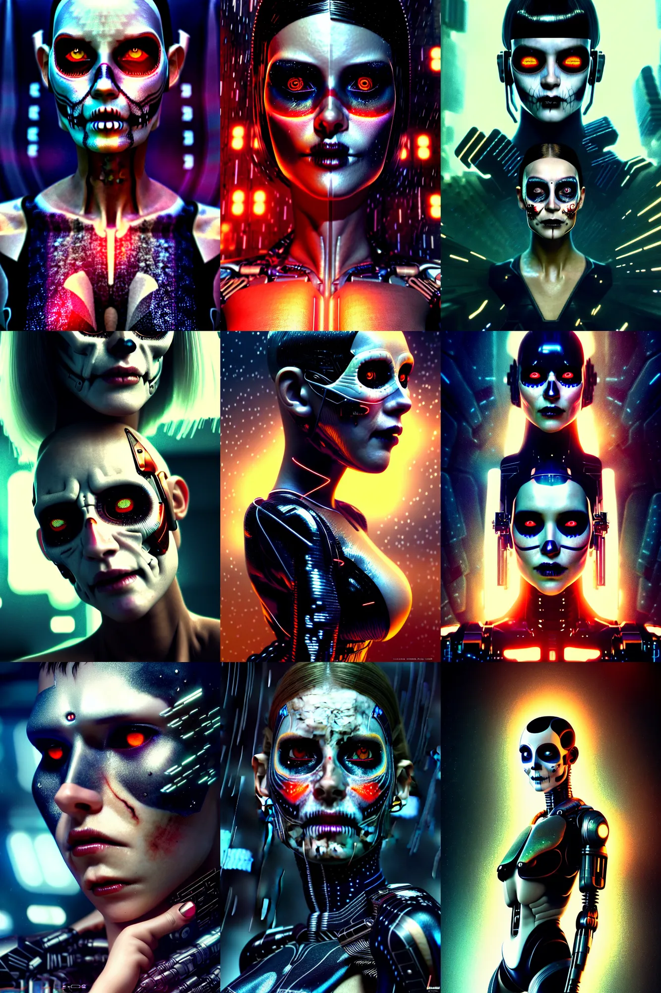 Prompt: crying cyborg woman, octane render, fantasy,'blade runner 2 0 4 7'portrait photo, pose, photorealistic, cover shot, interstellar, intricate detailed environment. vogue, ( ( ( el dia los muertos ) ) ), 8 k, hd. by terry o'neill and artgerm and wlop and loish and rutkowski and mucha