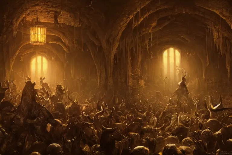 Prompt: Beautiful hyperrealistic detailed matte portrait painting of a goblin rap battle in underground tavern that looks like it's from lord of the rings and bazaar by greg rutkowski, andreas rocha and john howe, and Martin Johnson Heade,featured on artstation, ultrawide angle,f16 , golden ratio, f32, well composed, cohesive