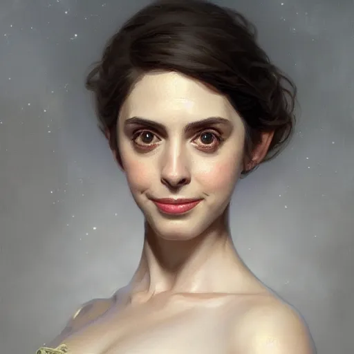 Image similar to a portrait painting of alison brie / anne hathaway hybrid in the oil painting unreal 5 daz. rpg portrait, extremely detailed artgerm greg rutkowski alphonse mucha vladimir volegov