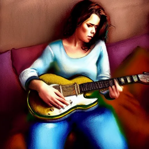 Prompt: women playing guitar, televisions, artstation, photoreal cinema still, pastel in the style of bruce weber