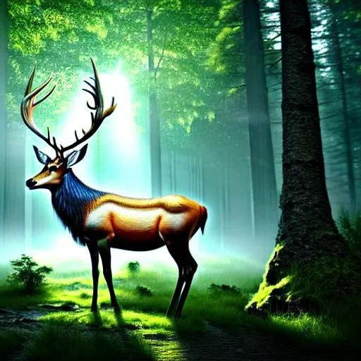 Image similar to beautiful hyper realistic stag. elven, celestial highly detailed magic athmospher. beautiful highly detailed forest background. blue light. sunlight rays throught the trees. intricate, elegant, long shot 8 k rendering.