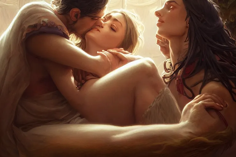 Image similar to close up of man and woman sitting on the floor while hugging each other in the living room, deep focus, d & d, fantasy, intricate, elegant, highly detailed, digital painting, artstation, concept art, matte, sharp focus, illustration, hearthstone, art by artgerm and greg rutkowski and alphonse mucha