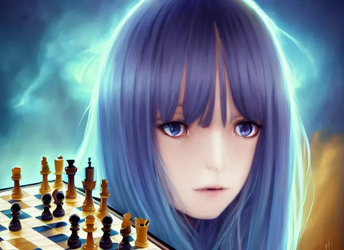 Image similar to rimuru playing chess, with amber eyes of golden colored eyes, straight hair, sky blue hair, long bangs, high collar, concept art, award winning photography, digital painting, cinematic, by wlop, anime key visual, wlop, 8 k, by ross tran, tom bagshaw, andy warhol