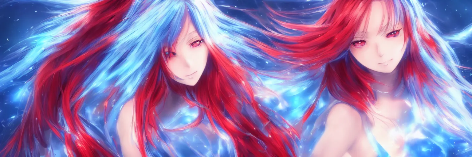 Prompt: advanced digital anime art, a very cute gorgeous teenage girl with a body made of fire and ice , full body, very long snow colored hair, sky blue highlights in hair, red fiery watery eyes, dress made of water, full round face, dramatic cinematic lighting, wideshot, highly intricately detailed, trending on pixiv, Artstation,