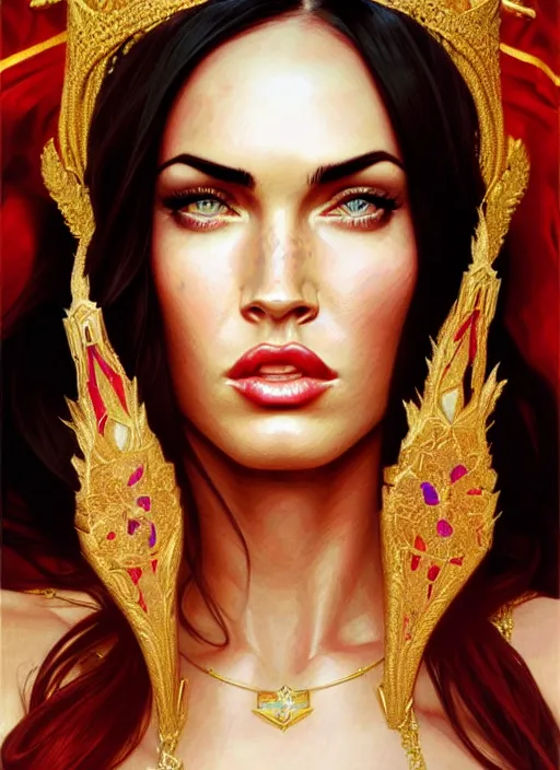 Image similar to portrait of megan fox as a queen, throne, jewelry, greek, ruby, intricate, headshot, highly detailed, digital painting, artstation, concept art, sharp focus, cinematic lighting, illustration, art by artgerm and greg rutkowski, alphonse mucha, cgsociety