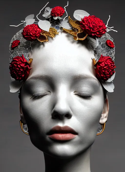 Image similar to complex 3d render ultra detailed of a beautiful porcelain profile woman face, mechanical cyborg, 150 mm, beautiful natural soft light, rim light, studio light, silver gold details, Alexander Mcqueen haute couture, magnolia big leaves and stems, roots, fine foliage lace, mesh wire, intricate details, hyperrealistic, mandelbrot fractal, anatomical, red lips, silver metal armor, facial muscles, cable wires, microchip, elegant, white background, octane render, H.R. Giger style, 8k