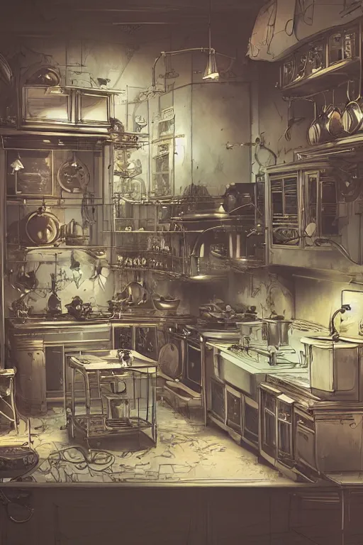 Prompt: a detailed concept art of a steampunk kitchen, by moebius, by beeple