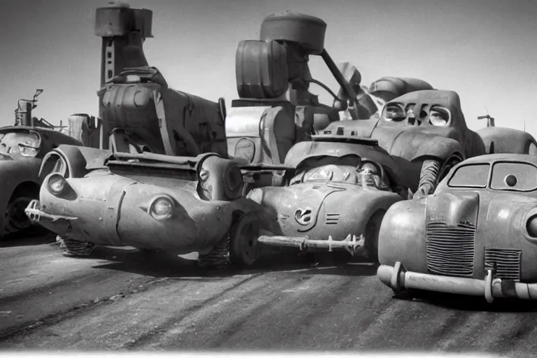 Image similar to mia and tia from the movie cars as war machines. photograph 35mm. ww2 footage. black and white.