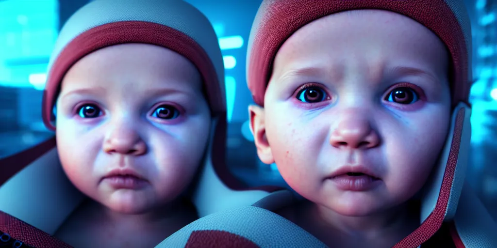 Image similar to realistic portrait of a cyberpunk baby, octane render, coherent, cinematic, highly detailed, 8k,