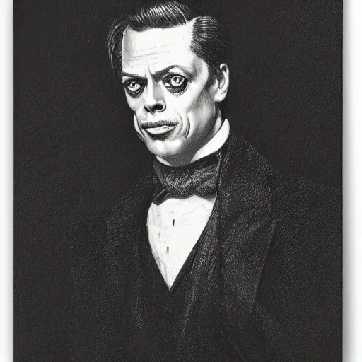 Image similar to portrait of Steve Vincent Buscemi in a tuxedo, realistic portrait, illustration by Gustave Doré