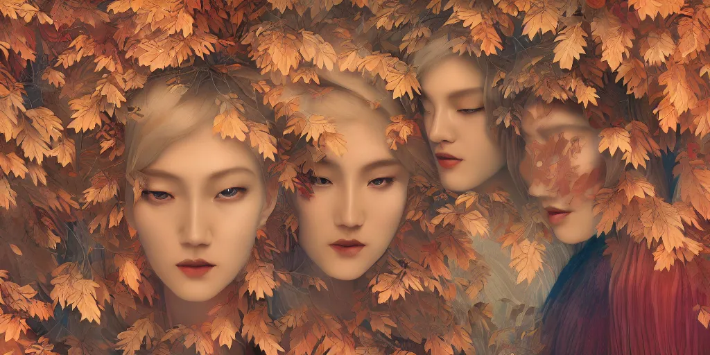 Image similar to breathtaking detailed concept art painting art deco pattern of blonde goddesses faces blend autumn leaves, by hsiao - ron cheng, bizarre compositions, exquisite detail, extremely moody lighting, 8 k