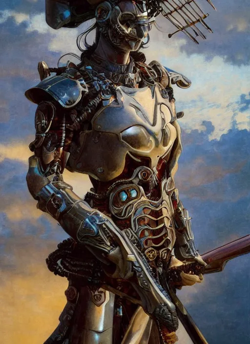 Prompt: symmetry!! closeup of a beautiful biblical diabolical samurai girl holding a rifle, cyborg armor, in clouds, cinematic studio light, windy, sunrise, by gerald brom, by mikhail vrubel, by peter elson, muted colors, extreme detail, trending on artstation, 8 k