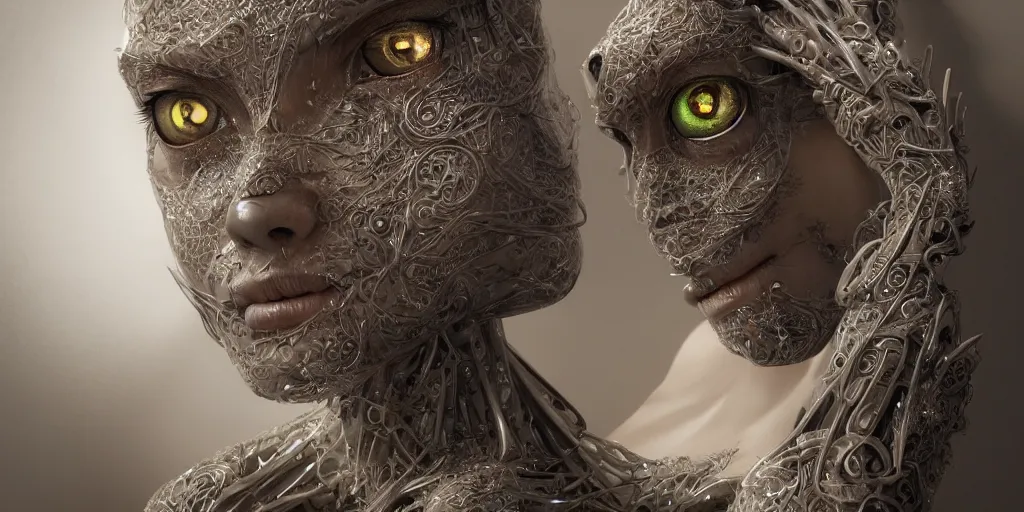 Image similar to ! dream hyperrealistic photography of a female cyborg humanoid, glowing eyes, holding, grasping, highly detailed intricate filigree, in the style of beth cavener, jin kagetsu, wlop,, symmetry, masterpiece, concept art, highkey lighting, ambient lighting, hard key light, octane render, 8 k, artstation