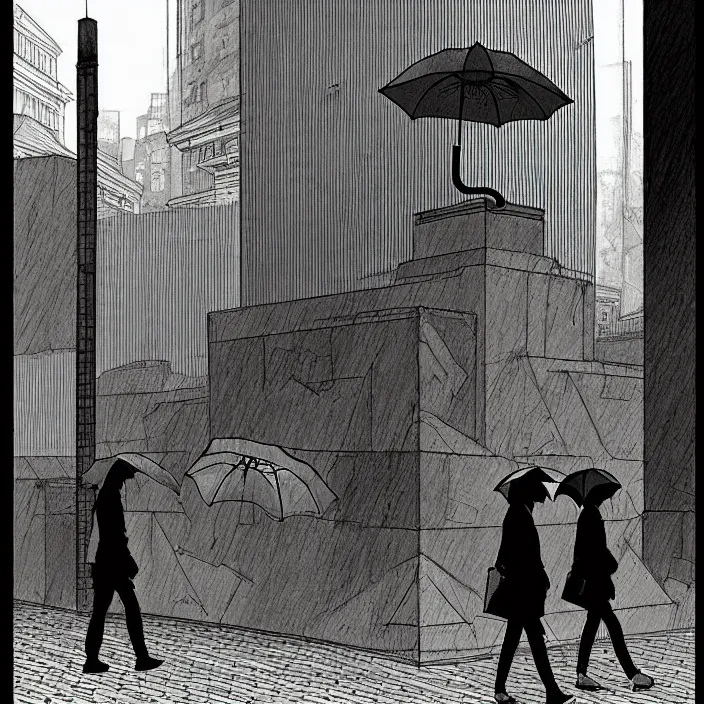 Image similar to folded umbrellas on a stall, in a square, pedestrians walk past. background of old soviet monument. storyboard, scifi cyberpunk. by gabriel hardman, joe alves, chris bonura. cinematic atmosphere, detailed and intricate, perfect anatomy