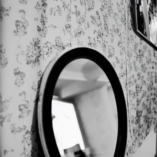 Prompt: photograph of mirror on a vintage shop, inside the mirror a reflection of an old lady smiling, black and white, 3 5 mm