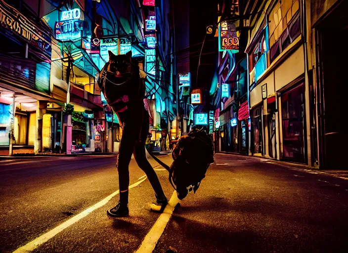 Image similar to photography of a Cat carrying a backpack . in a cyberpunk street. award winning photo, led lighting, night, 24mm, sharp, high res