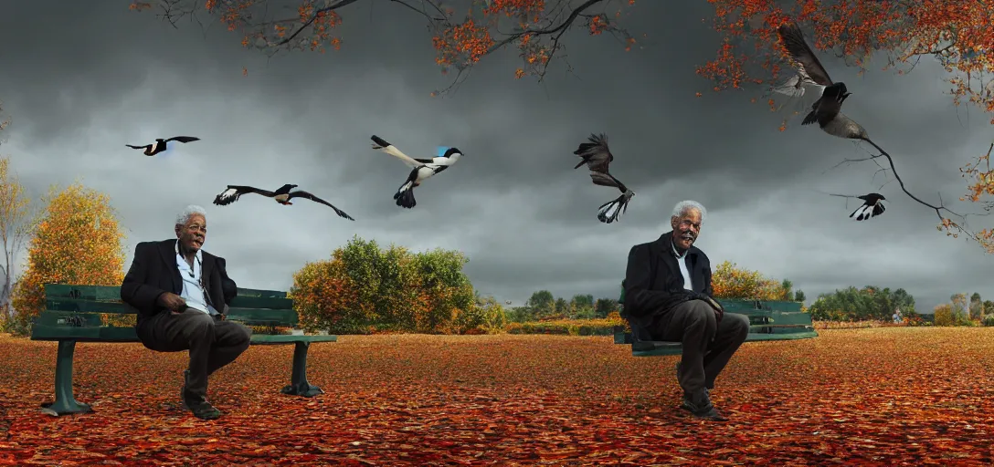 Image similar to Morgan Freeman sitting on a park bench with a colorful magpie yelling in his ear, cloudy autumn day, 8k octane render