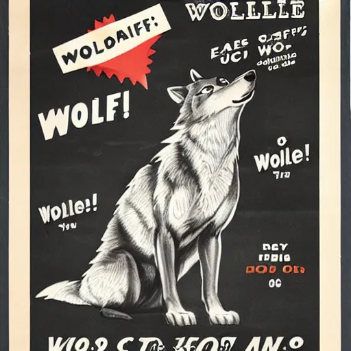 Image similar to 1950s advertisement featuring an anthropomorphic wolf