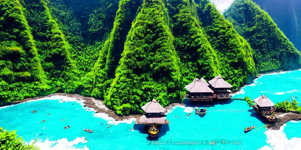 Prompt: Bali, dream, steampunk, beautiful nature, sunny day, sunshine lighting high mountains, which are higher than white fluffy clouds with green trees on top, a small wooden bridge connecting two mountains, ocean beneath the mountains with clear blue water, steel whales jumping and showing from the waves, cinematic, 8k, highly detailed