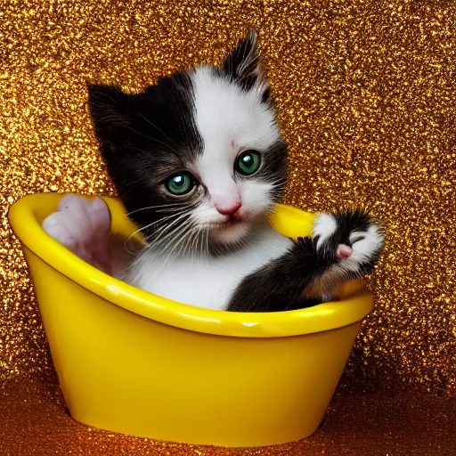 Prompt: kitten bathing itself with a glitter explosion, 8k, award winning photo, digital art