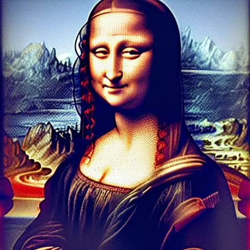 Prompt: mona lisa visiting the eiffel tower at night