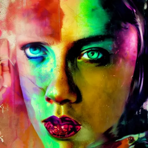 Image similar to drunken scarlett johansson as delirium from sandman, ( hallucinating colorful soap bubbles ), by jeremy mann, by sandra chevrier, by dave mckean and richard avedon and maciej kuciara, punk rock, tank girl, high detailed, one green eye and one blue eye, 8 k