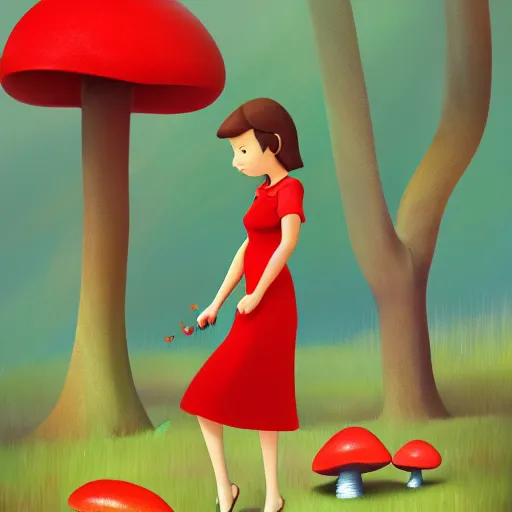 Image similar to goro fujita ilustration brunette girl in red dress picking mushrooms in the forest, painting by goro fujita, sharp focus, highly detailed, artstation