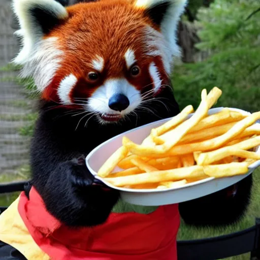 Image similar to a photo of a red panda dressed like Darth Vader eating french fries