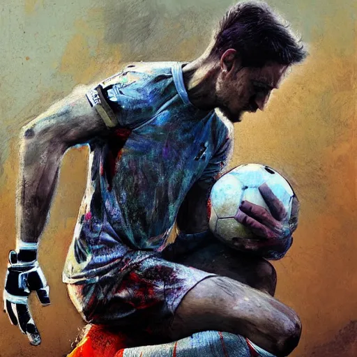 Image similar to A realistic hyperdetailed multi-colored digital oil full body portrait painting of a goal keeper on his knees holding a soccer ball up to the sky in the style of Guy Denning, Ruan Jia, and Craig Mullins. Trending on ArtStation and DeviantArt. CGSociety Digital art.