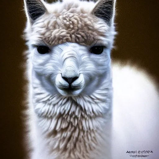 Image similar to a cat - alpaca - hybrid with a beak, animal photography, wildlife photo, award winning