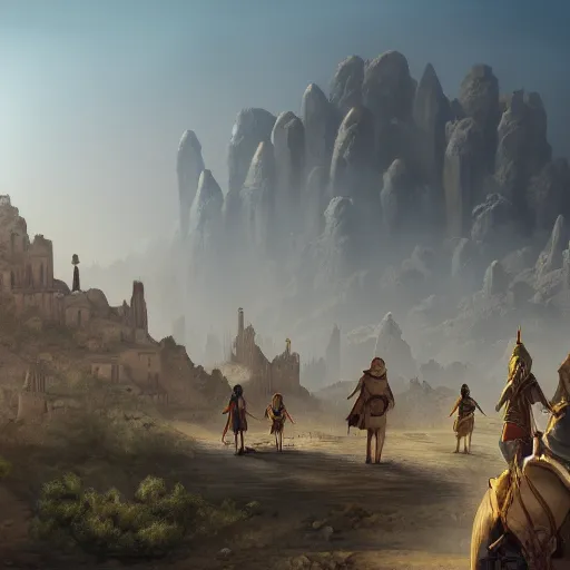 Prompt: a group of adventurers approaching an middle - eastern village with domed buildings on the side of a hill overlooking a desert with tall mountains in the background, fantasy, matte painting, highly detailed, artstation