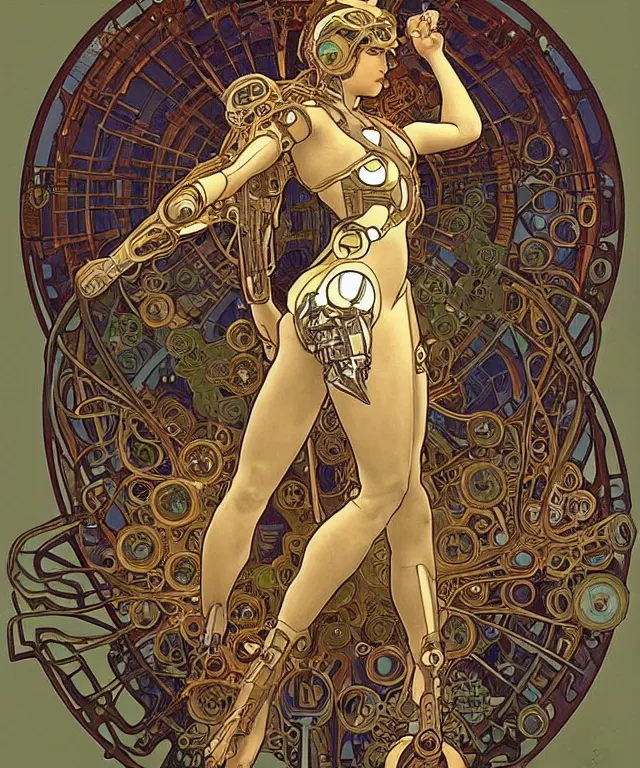 Image similar to realistic detailed portrait of a humanoid mecha cyberpunk! goddess by Alphonse Mucha and Charlie Bowater and art germ, rule of thirds, golden ratio, Art Nouveau! cyberpunk! style, mechanical accents!, mecha plate armor, glowing LEDs, flowing wires with leaves, art nouveau accents, art nouveau patterns and geometry, circuit patterns, rich deep moody colors, portrait style with the subject in the middle of the frame