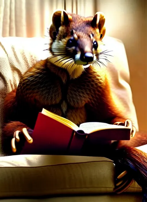 Prompt: A beautiful scene from a 2022 Marvel film featuring a humanoid pine marten in loose clothing reading on a couch. An anthropomorphic pine marten wearing a white shirt. Golden hour.