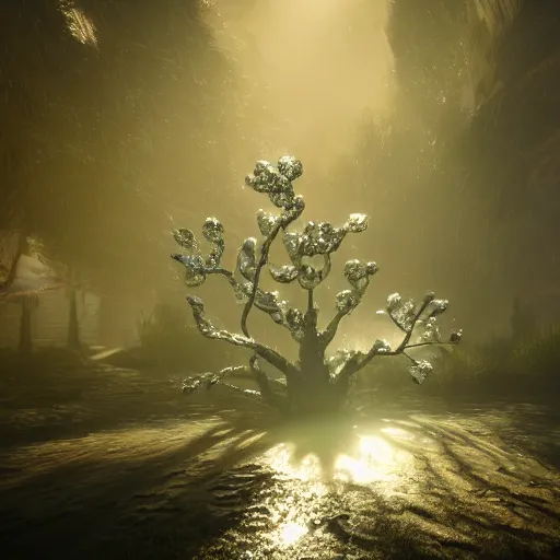 Prompt: crystal tree splash, closeup, extremely gloomy lighting, shining light and shadow, atmospheric, cinematic, unreal Engine, trending artstation hyperdetailed 8K