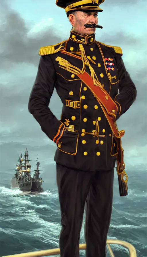 Image similar to proud commodore marine captain, pairate style, stern look, late xix century commander vest, full body portrait xix immpresionist paint, ship deck on wild ocean background, highly detailed, digital painting, artstation, concept art, sharp focus, illustration, art by Artgerm, Greg Rutkowski, Craig Mullins, WLOP, Ross tran, James Jean, Andrei Riabovitchev, magic the gathering, - W 640