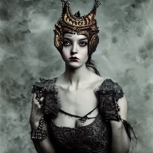 Image similar to a portrait of female model by anka zhuravleva and peter kemp, dark fantasy, ornate headpiece, dark beauty, photorealistic, canon r 3,