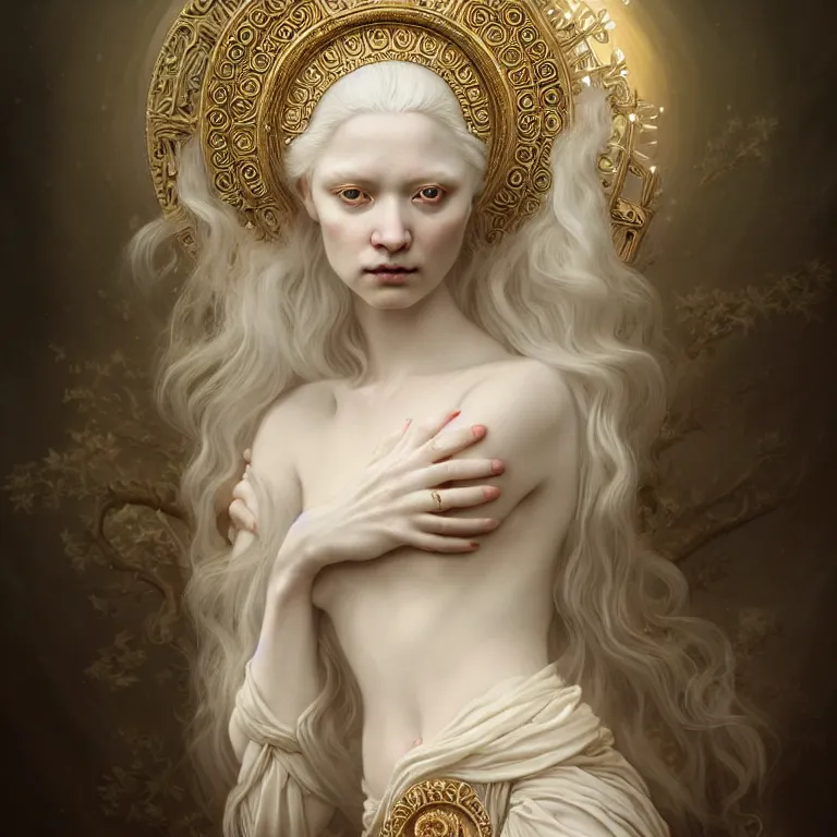 Image similar to renaissance style a wonderful woman albino goddess with a wonderful face and long intricate hair with a beautiful porcelain symmetrical body dressed with a majestic warp ornate semi transparent cream long cotton dress, hightly ornate, intricate, detailed, dramatic light, award winning, octane render, tom bagshaw style