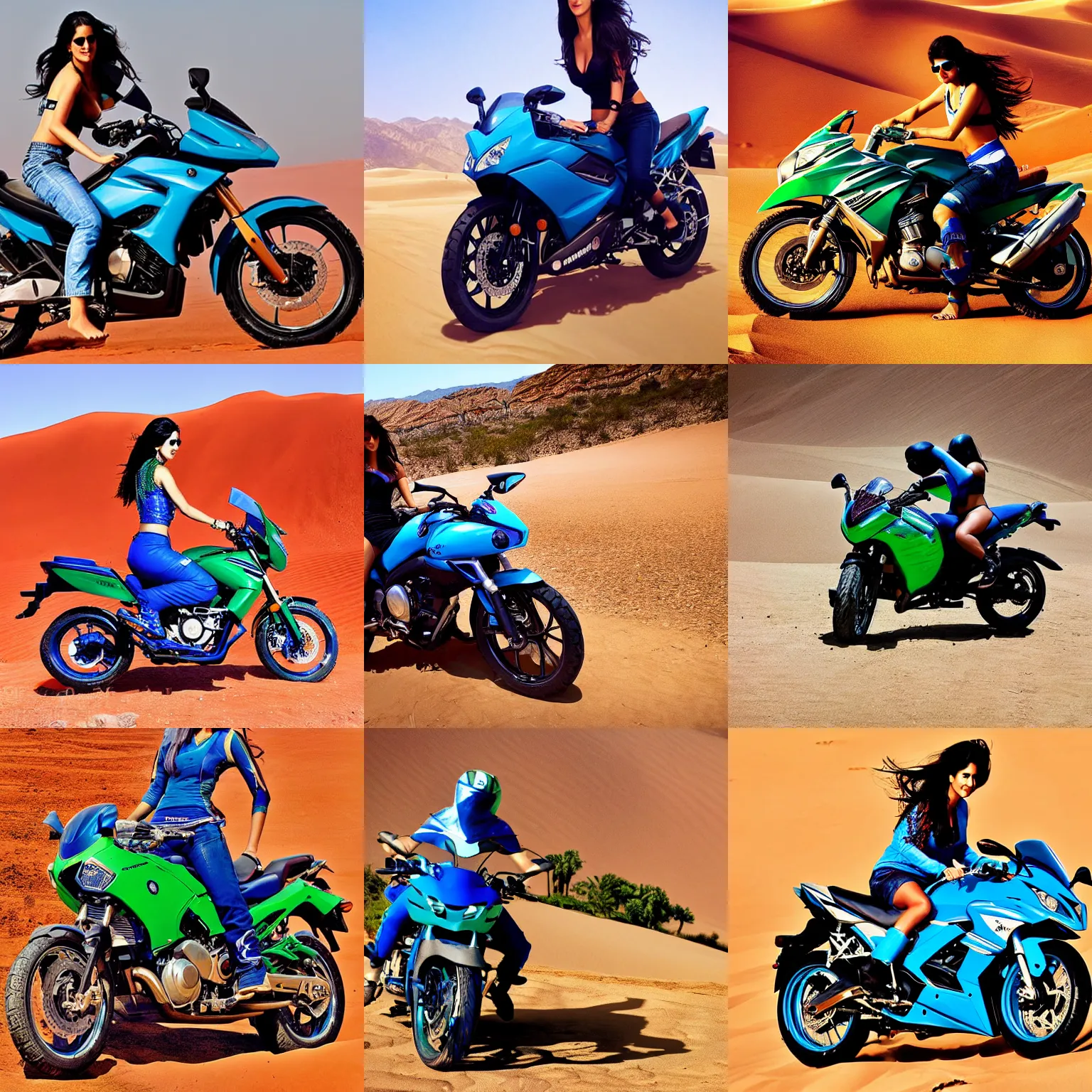 Prompt: photograph katrina kaif riding a blue kawasaki ninja bike on a desert