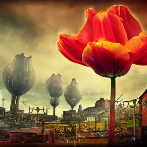 Image similar to flying tulip steam fortress, fantasy art, urban, sky in the background, detailed, behrens style