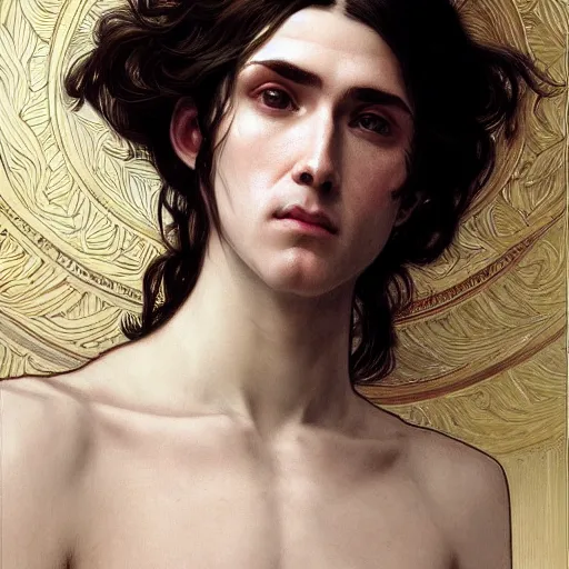 Prompt: god, non-binary, long hair, georgeus, intricate, elegant, ethereal, artstation, highly detailed, sharp focus, smooth, by artgerm and greg rutkowski and alphonse mucha