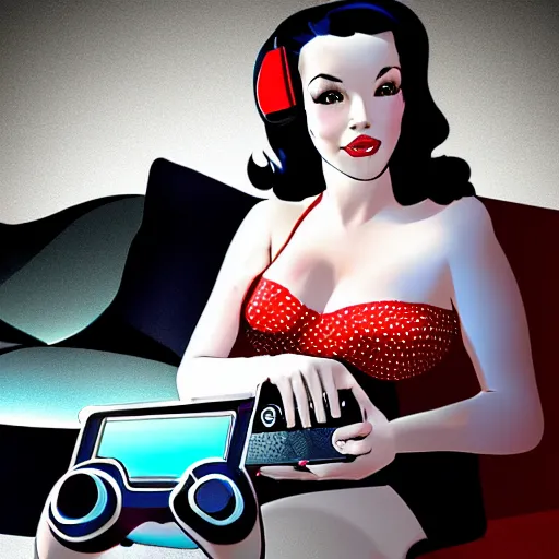 Prompt: a pin up woman playing a videogame, front view, digital art, photoshop, dark lighting, couch, holding a control