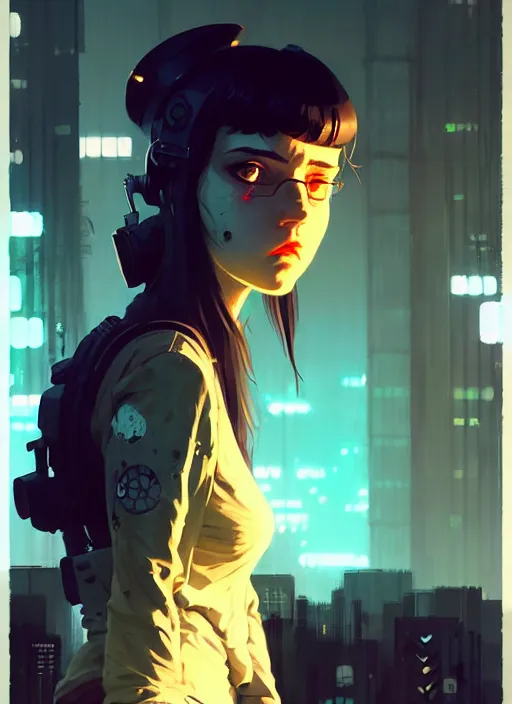 Prompt: highly detailed portrait of a moody post - cyberpunk young adult lady by atey ghailan, by greg rutkowski, by greg, tocchini, by james gilleard, by joe fenton, by kaethe butcher, gradient yellow, black, brown and cyan color scheme, grunge aesthetic!!! ( ( graffiti tag city background ) )