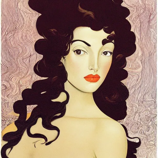 Image similar to oil painting of a portrait of a Queen dark curly hair, fair skin, by Patrick Nagel, by Georgia O Keeffe, by Yoshitaka Amano, by Gustave Moreau, art deco, matte drawing, storybook illustration, tonalism, realism