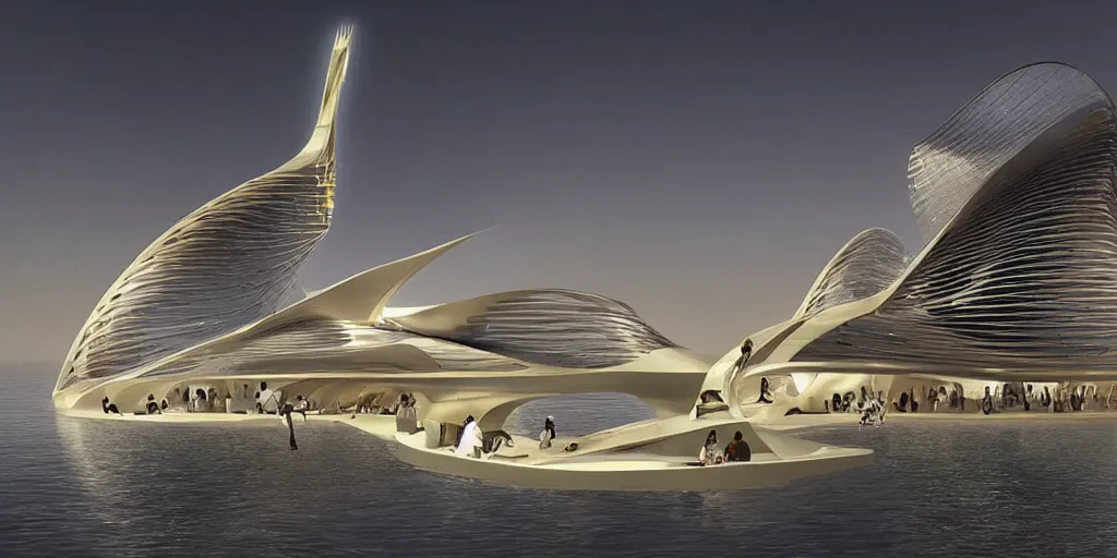 Image similar to mosque floating spaceship by zaha hadid, golds fantasy world