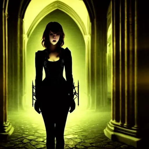 Image similar to mary elizabeth winstead as a vampire in a gothic cathedral at night, gloomy, gothic, ground mist, volumetric light.