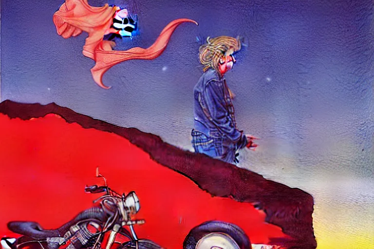 Image similar to a hyperrealist watercolour character concept art portrait of twin peaks. red curtain. on well lit night in the las vegas. there is a motorcycle. a ufo is in the background. by rebecca guay, michael kaluta, charles vess and jean moebius giraud