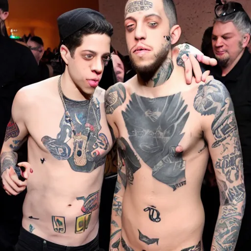 Image similar to pete Davidson with a full back tattoo of Kanye west