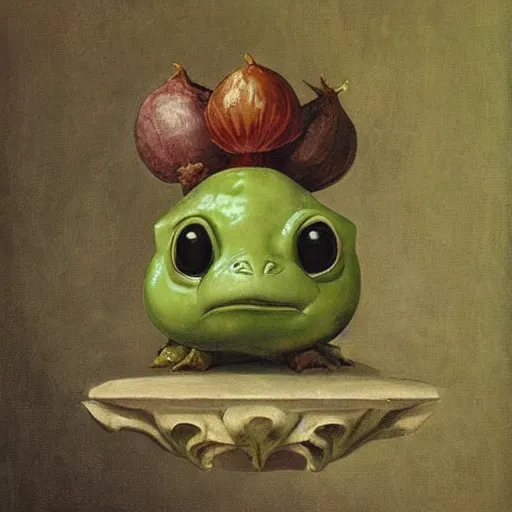 Image similar to onion bulbasaur portrait, baroque painting, elated gaunt onion head