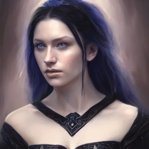 Image similar to beautiful female wizard, detailed face, blue eyes, black clothing, daughter of death, featured on artstation, 8k highly detailed, intricate oil painting, concept art